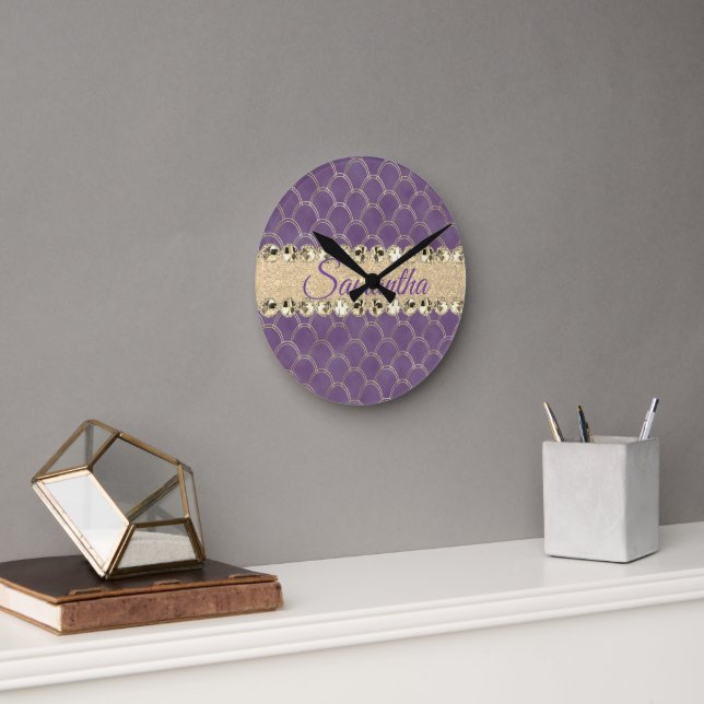 Horloge Ronde Bling Diamant à huile violet et or (Bureau)