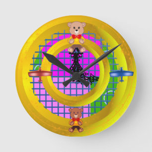 Horloge Ronde Blocs rose vif sur GoldRing Green Géométrique