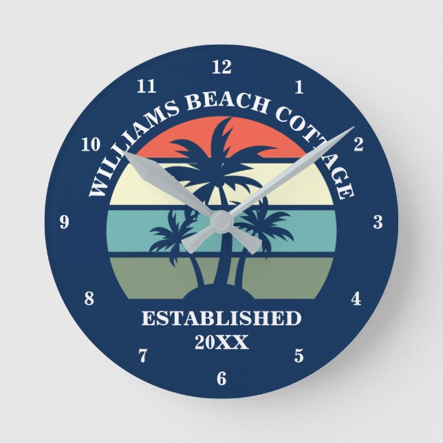 Horloge Ronde Blue Beach House Palm Tree Island Home Custom (Recto)