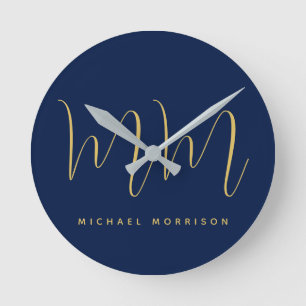 Horloge Ronde Blue Gold Colours Professionnel Lettres initiales 