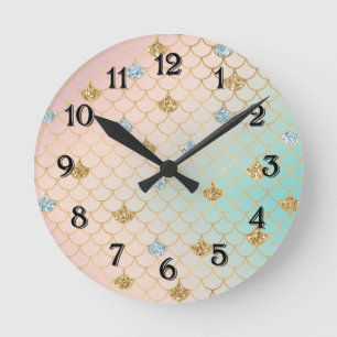 Horloge Ronde Blue Gold Mermaid Sparkle Glitter