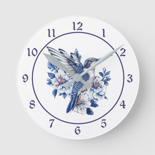 Horloge Ronde Blue Hummingbird Floral (Recto)