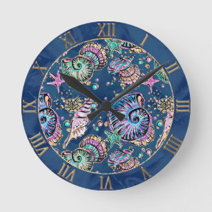 Horloge Ronde Blue Luxe sous-marin   Coquillages d'or Pastel