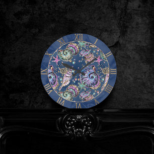 Horloge Ronde Blue Luxe sous-marin   Coquillages d'or Pastel