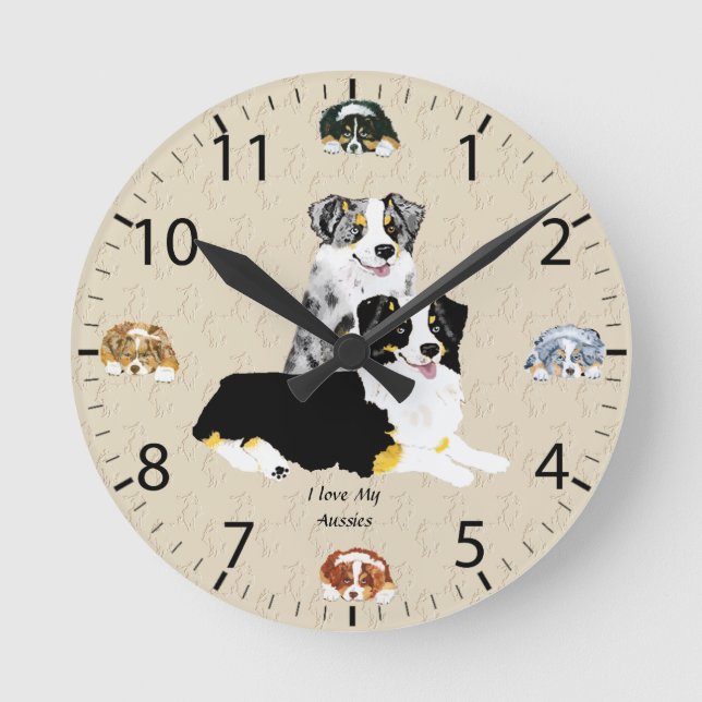Horloge Ronde Blue Merle & Black Tri Australian Shepherds (Recto)