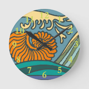 Horloge Ronde Blue Ocean Waves Nautilus Seashell Motif Nouveau