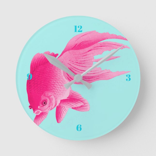Horloge Ronde Blue Pop Art Pink Goldfish Moderne (Recto)