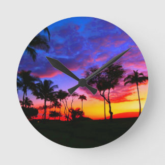 Horloge Ronde Blue Red Sunset Exotic Hawaiian Beach Palm Trees