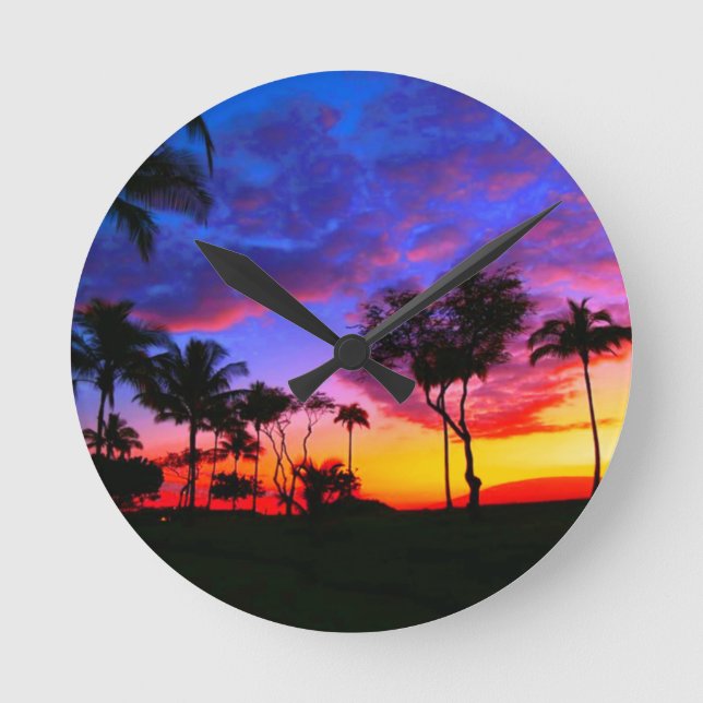 Horloge Ronde Blue Red Sunset Exotic Hawaiian Beach Palm Trees (Recto)