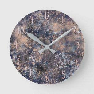 Horloge Ronde Blue & Rose Gold Paint Splatter Abstract Glamour