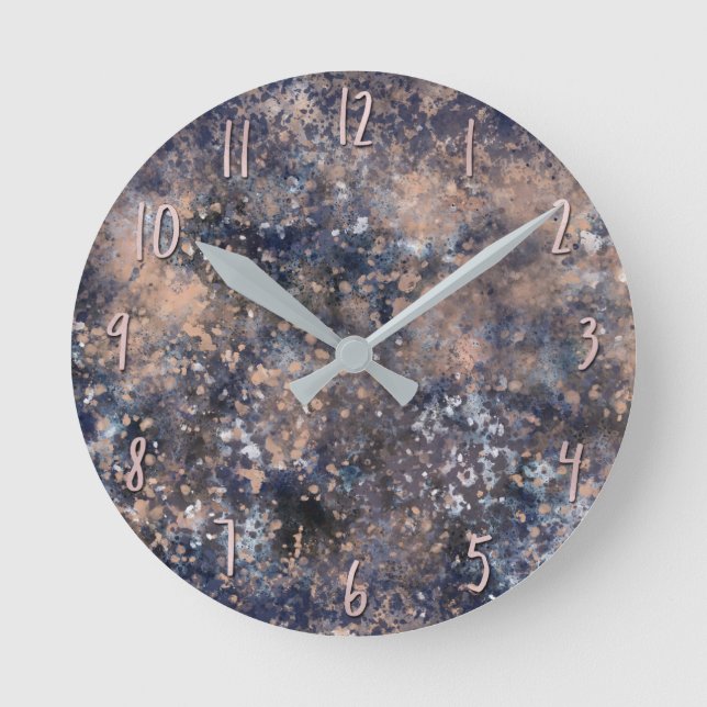 Horloge Ronde Blue & Rose Gold Paint Splatter Abstract Glamour (Recto)