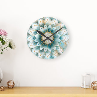 Horloge Ronde Blue Turquoise Gold Floral Mandala