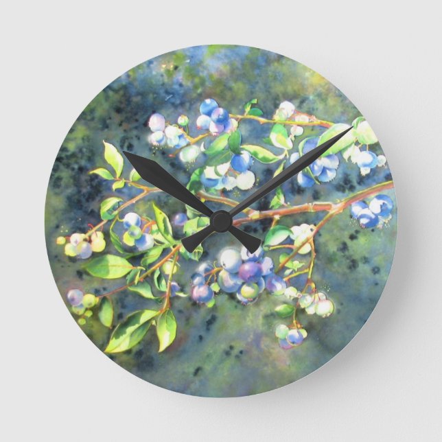 Horloge Ronde Blueberries, fruits romantiques Peinture à l'aquar (Recto)