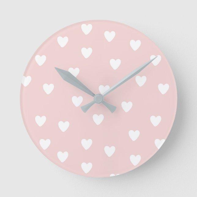 Horloge Ronde Blush Pink with White Hearts | Kids or Nursery (Recto)