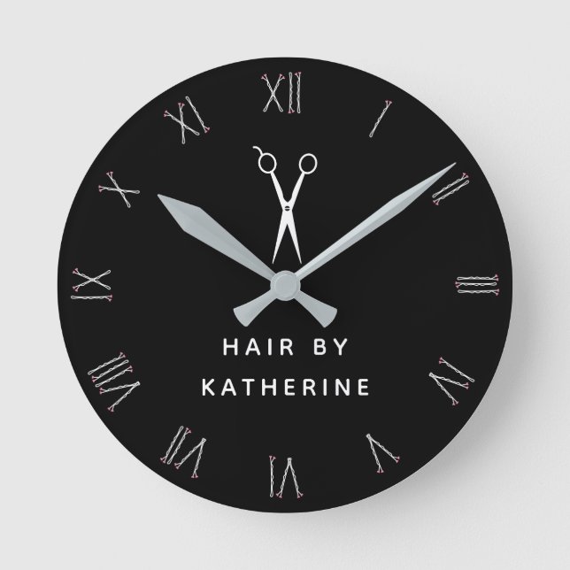 Horloge Ronde Bobby Pin Numéros romains Ciseaux Coiffure noire S (Recto)