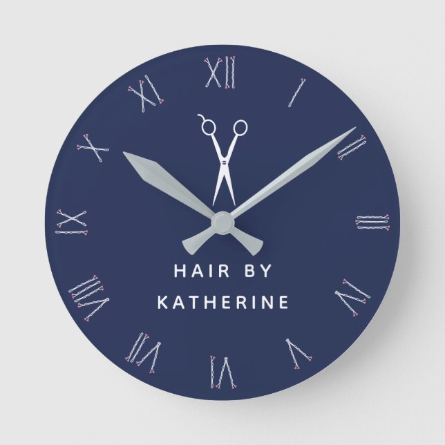 Horloge Ronde Bobby Pin Numéros romains Ciseaux Marine Coiffeur  (Recto)