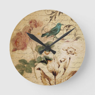 Horloge Ronde Bohème chic Paris Scripts oiseau français botaniqu
