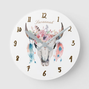 Horloge Ronde Boho Bohème Crâne de Vache Corne Fleurs Plumes