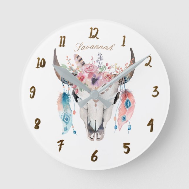 Horloge Ronde Boho Bohemian Cow Skull Horns Floral Feathers (Recto)