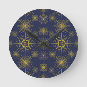 Horloge Ronde Boho Celestial Sun Stars Motif bleu