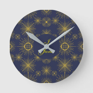Horloge Ronde Boho Celestial Sun Stars Personnalisé Bleu