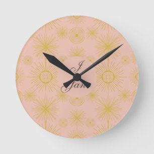 Horloge Ronde Boho Celestial Sun Stars Personnalisé rose
