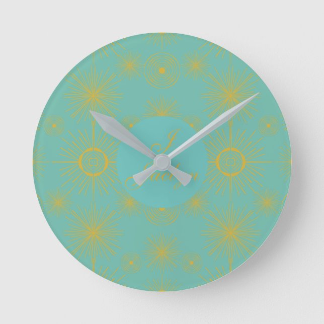 Horloge Ronde Boho Celestial Sun Stars Personnalisé Turquoise (Recto)