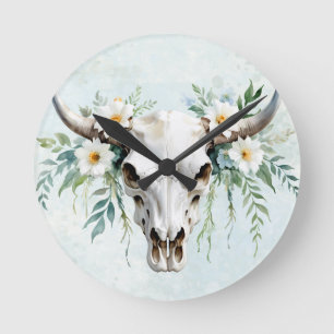 Horloge Ronde Boho Chic Aquarelle Florale Vache Crâne