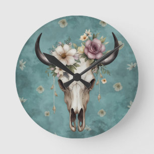 Horloge Ronde Boho Chic Aquarelle Florale Vache Crâne