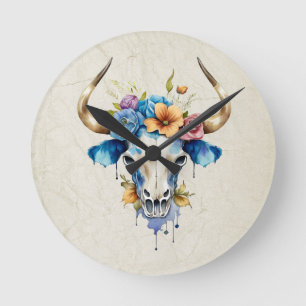 Horloge Ronde Boho Chic Aquarelle Florale Vache Crâne