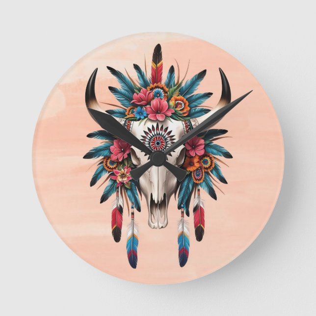 Horloge Ronde Boho Chic Aquarelle Tribal Floral Vache Crâne (Recto)