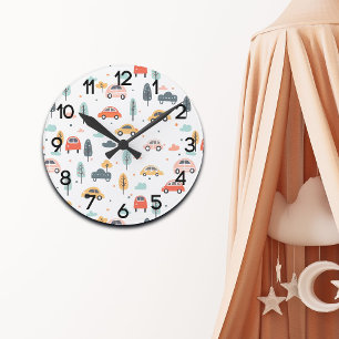 Horloge Ronde Boho Enfants Voitures, Arbres et Nuages Motif Nurs