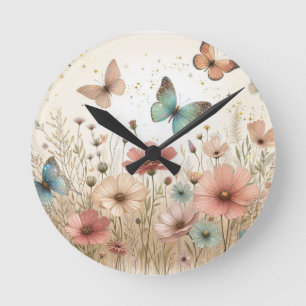Horloge Ronde Boho Fleurs sauvages & papillons