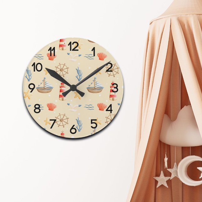 Horloge Ronde Boho Nautical Boat Lighthouse Motif Nursery (Créateur téléchargé)