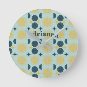 Horloge Ronde Boho Sun Moon Stars Baby Blue Yellow Personnalisé