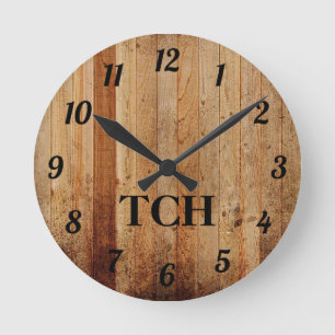 Horloge Ronde Bois Monogrammé Rustique Campagne Marron Noir