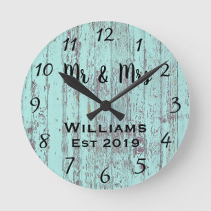 Horloge Ronde Bois Personnalisé Aqua Vintage Rustique Sur Mesure