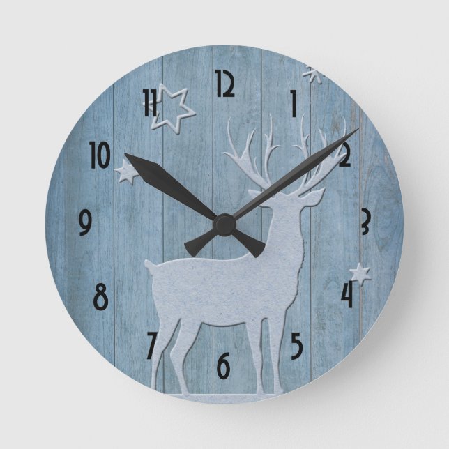 Horloge Ronde Bois rustique Bleu renne Pays Noël (Recto)