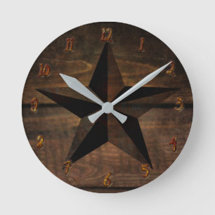 Horloge Ronde Bois Rustique Bois Rouillé Étoile de l'Ouest