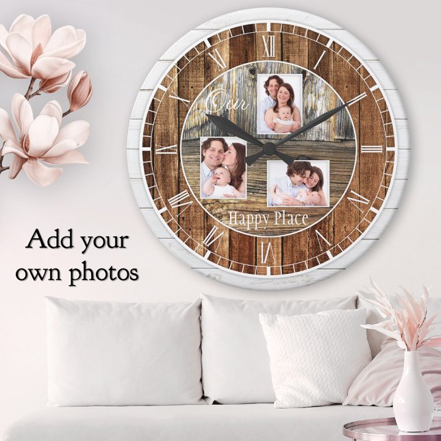 Horloge Ronde Bois rustique moderne 3 photos (Rustic classic wall clock featuring printed wood panels with your own custom photos)