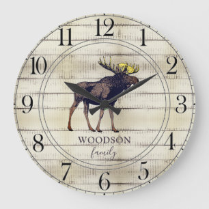 Horloge Ronde Bois rustique Nom de famille Marcher Moose Grande 