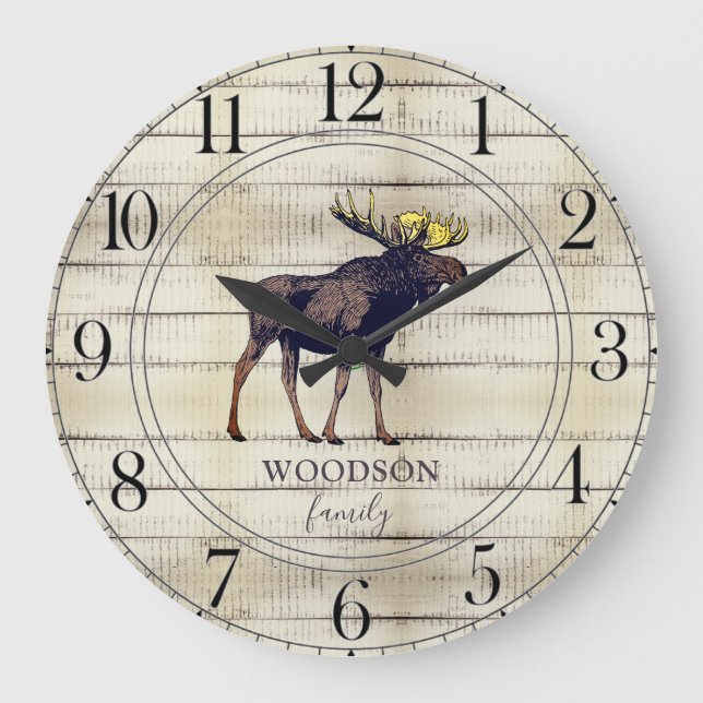 Horloge Ronde Bois rustique Nom de famille Marcher Moose Grande  (Recto)
