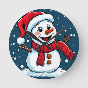 Horloge Ronde Bonhomme de neige de dessin animé festif avec chap