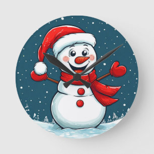 Horloge Ronde Bonhomme de neige joyeux avec chapeau de Père Noël