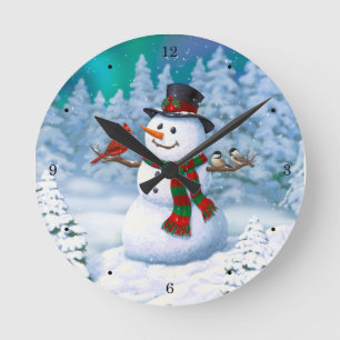 Horloge Ronde Bonhomme de neige joyeux de Noël & Oiseaux Scène h