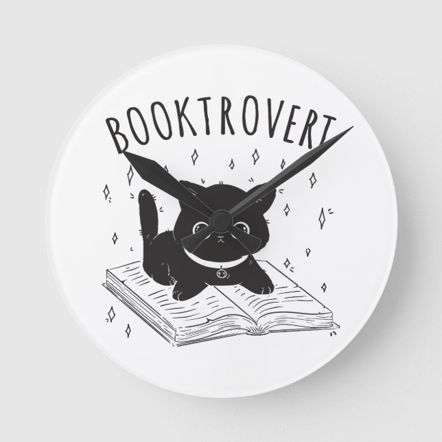 Horloge Ronde Booktrovert chat avec livre et étoiles (Recto)