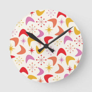 Horloge Ronde Boomerang du milieu du siècle avec Starbursts colo