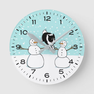 Horloge Ronde Border Collie d'hiver avec des bonhommes de neige