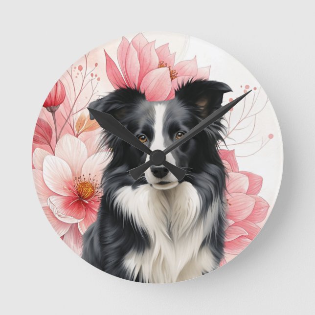 Horloge Ronde Border Collie Dog and Bold Pink Lilies (Recto)