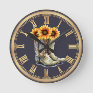 Horloge Ronde Bottes de Cowboy & Tournesols